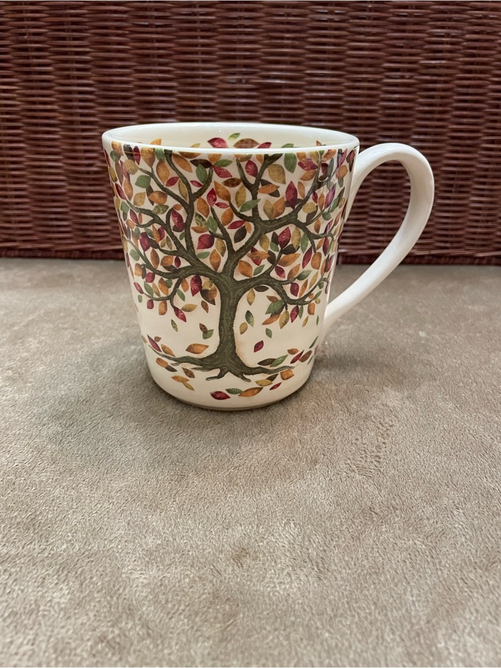 Pier 1 White Ceramic Mug with Autumn Tree and Multicolor Leaves
